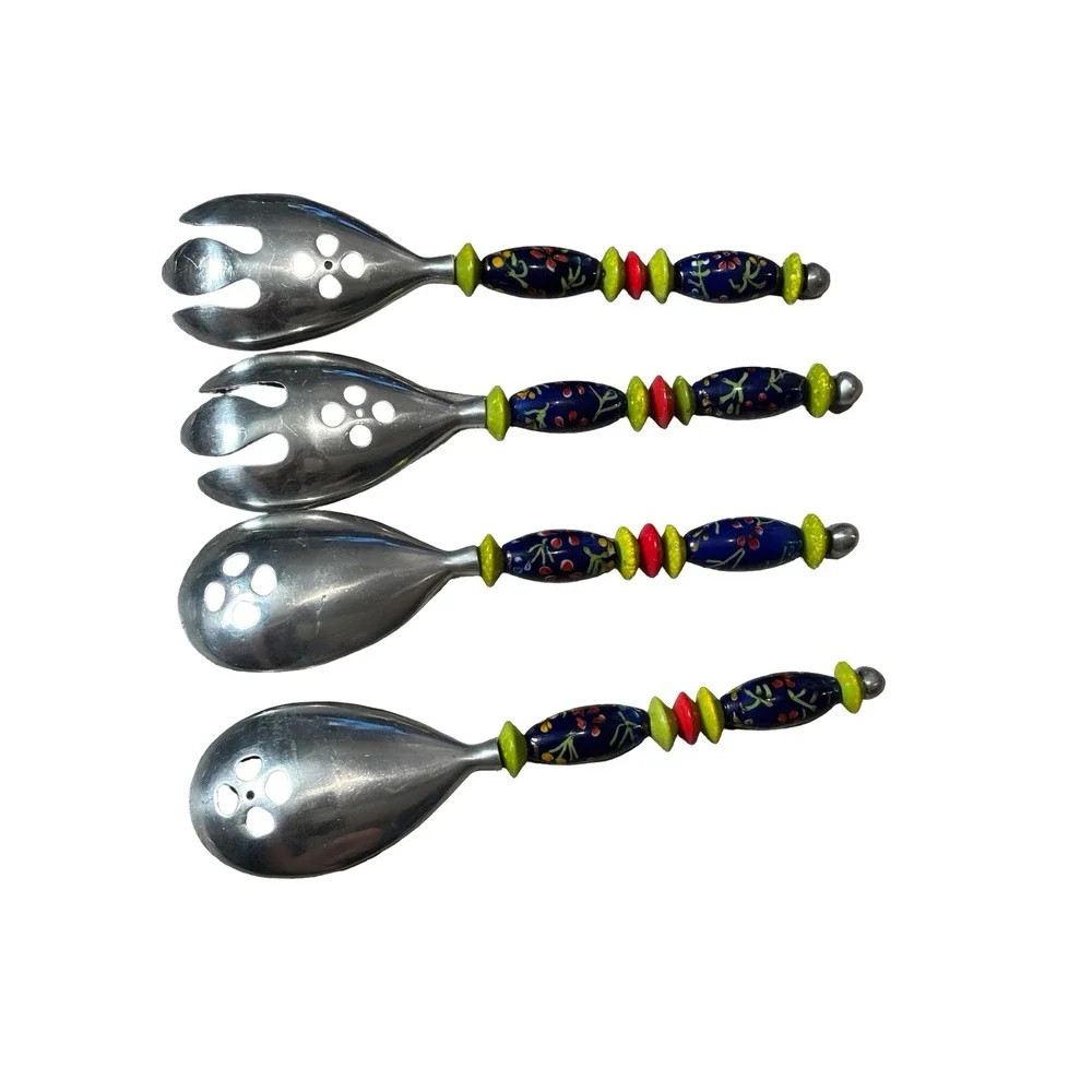 Boho Stainless Steel Salad Servers Set 4 Ceramic Beaded Handles Floral Blue 9.5